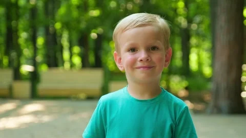 Happy smiling kid walking in a beautiful green park. Close up portrait of a.. Stock Footage 339551079