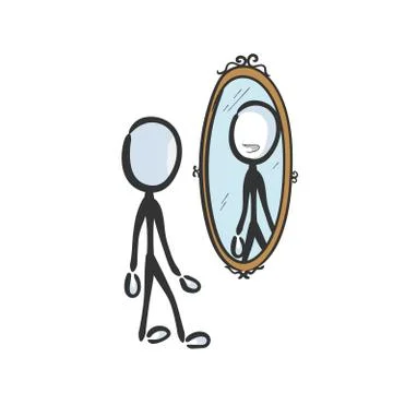 Happy smiling man looking in mirror. Vector simple self esteem reflection in the Stock Illustration