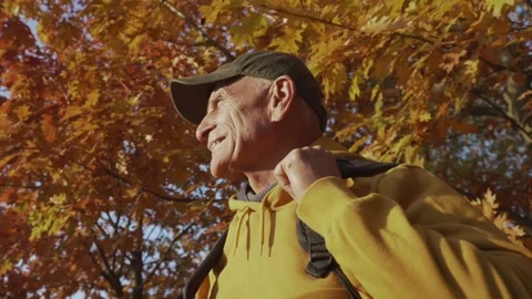 Happy smiling old hiker with backpack stands under oak tree foliage Stock Footage 164364032