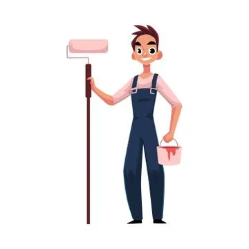 Happy, smiling painter standing and holding paint roller Stock Illustration