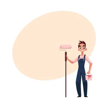 Happy, smiling painter standing and holding paint roller Stock Illustration