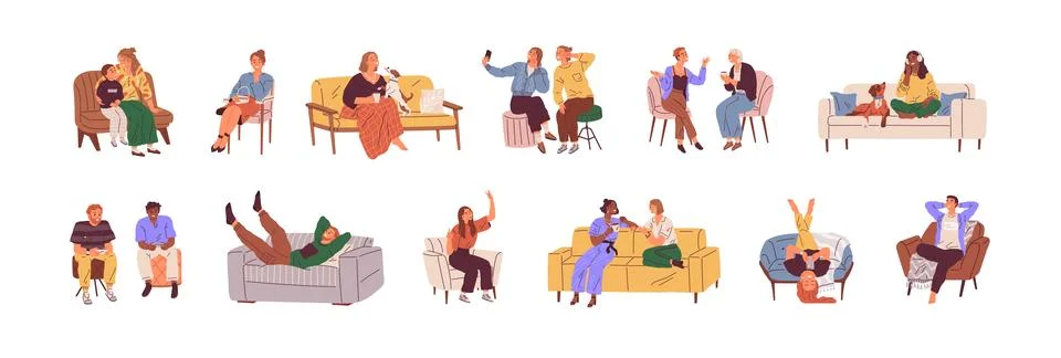 Happy smiling people sitting on sofas and chairs set. Male and female different 스톡 일러스트