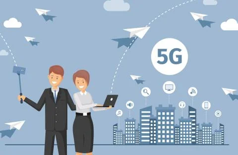 Happy smiling people using high-speed 5G Internet technology vector flat Stock Illustration
