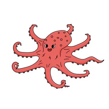 Happy smiling Pink octopus. Vector outline isolated doodle sea or ocean anima Stock Illustration
