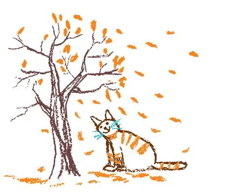Happy smiling red he cat under autumn tree and falling leaves. Stock Illustration