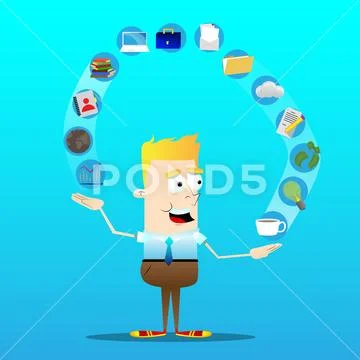 Happy smiling successful business office worker juggling icons. Vector cartoo Stock Illustration