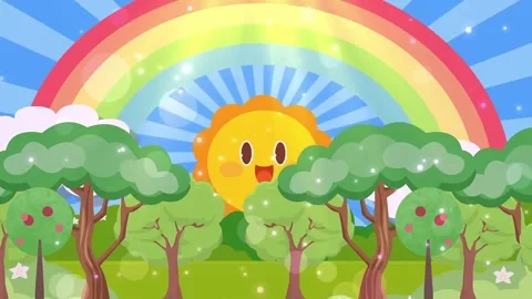 Happy Smiling Sun Peeking Behind Trees with Rainbow Cartoon Animation Video stock 337461083