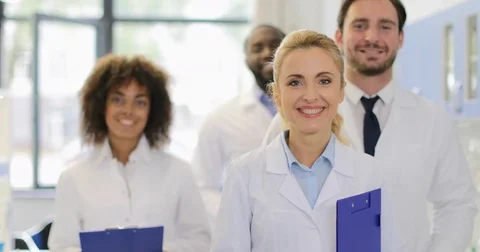 Happy Smiling Team Of Doctors In Modern Laboratory Successful Researchers Group Stock Footage 77219005