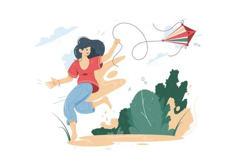 Happy smiling woman flying a kite Stock Illustration