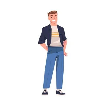 Happy Smiling Young Man Character Standing with Hands in Pocket Vector Ilustración de archivo