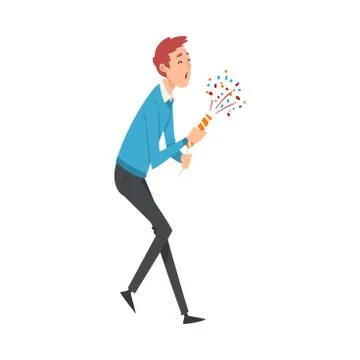 Happy Smiling Young Man Exploding Party Popper at Celebratory Party Vector イラスト素材