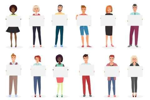 Happy smiling young men and women people holding clean empty placards, cards Stock Illustration