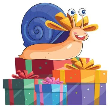 Happy Snail with Yellow Bow Resting on Stack of Wrapped Presents Stock Illustration