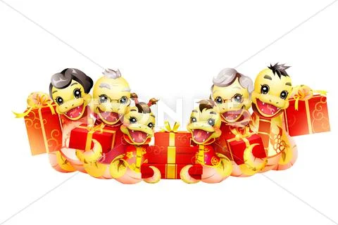 Happy snake family celebrating Chinese New Year with gifts Stock Illustration