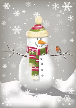 Happy Snowman and a Robin Stock Illustration