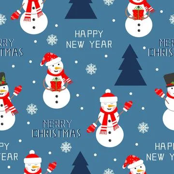Happy snowman seamless pattern with tree, snowflake and text. Symbol of the Stock Illustration