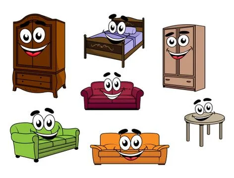 Happy sofas, cupboards, table and bed cartoon characters 库存插图