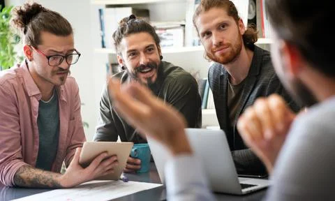 Happy software developers working on meeting, Programming advanced code art.. 写真素材