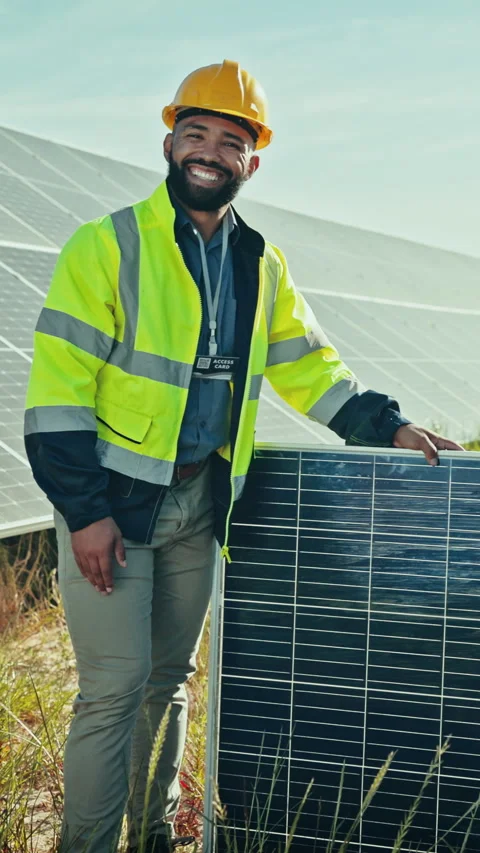 Happy, solar panels and face of technician on farm for maintenance, repairs or 스톡 동영상 333182526
