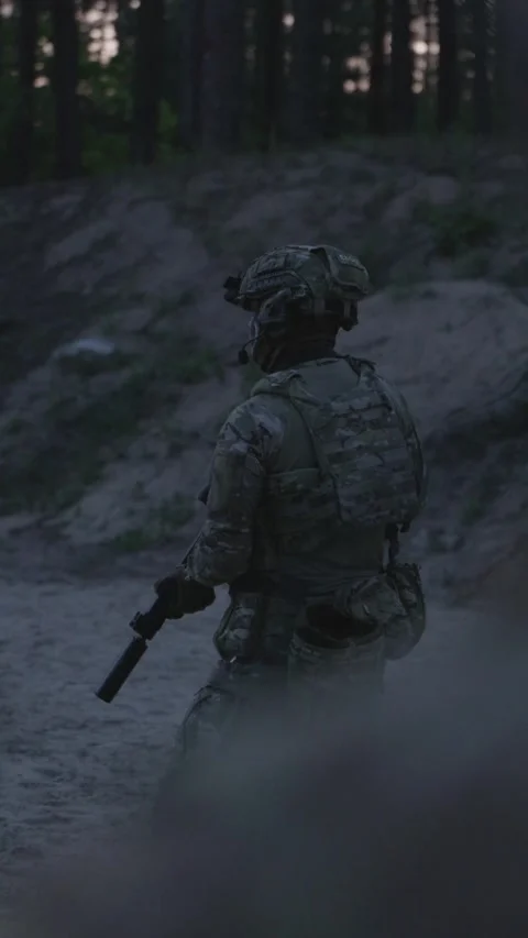 Happy soldier dancing and moving at military firing range Stock Footage 333612732
