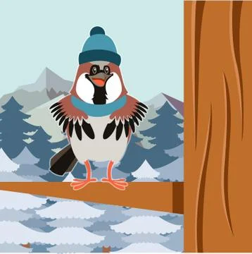 Happy Sparrow with Hat on the Tree flat background Stock Illustration