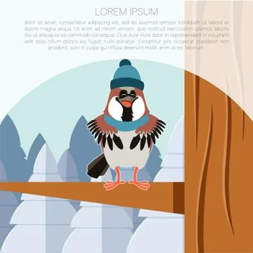 Happy Sparrow with Hat on the Tree flat background Stock Illustration