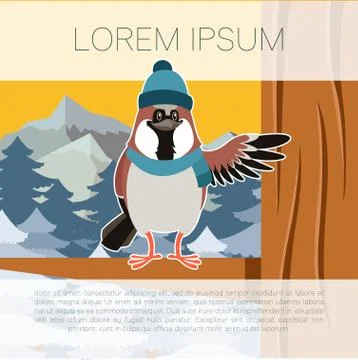 Happy Sparrow with Hat on the Tree flat background Stock Illustration