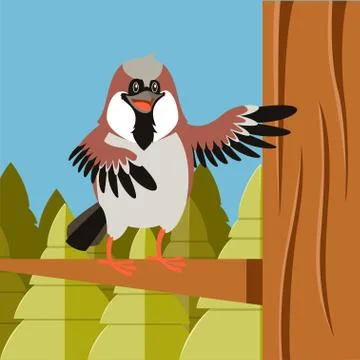 Happy Sparrow on the Tree flat background Stock Illustration