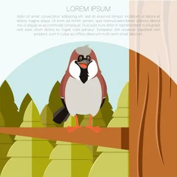 Happy Sparrow on the Tree flat background Stock Illustration