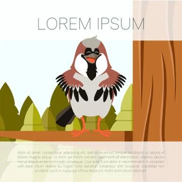 Happy Sparrow on the Tree flat background Stock Illustration