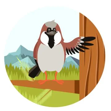 Happy Sparrow on the Tree flat background Stock Illustration