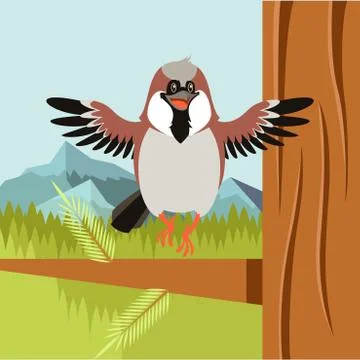 Happy Sparrow on the Tree flat background Stock Illustration