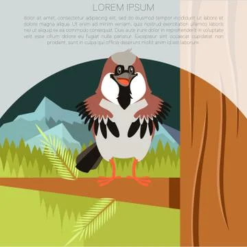 Happy Sparrow on the Tree flat background Illustrazione stock