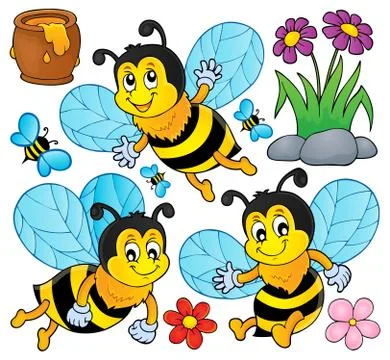 Happy spring bees theme set Stock Illustration