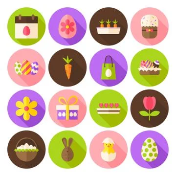 Happy Spring Easter Circle Icons Set with long Shadow Stock Illustration