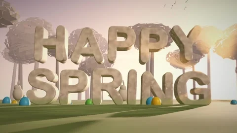 Happy Spring Pale Stone Letters on a Spring Meadow at Sunrise with Painted Eggs Stock Footage 342411490