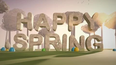 Happy Spring Stone 3D Text in a Spring Meadow for Easter Stock Illustration