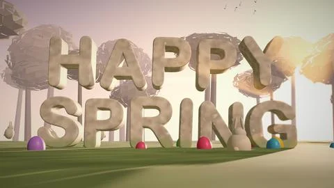 Happy Spring Stone 3D Text in a Spring Meadow for Easter Stock Illustration