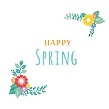 Happy Spring Text with Frame of Bouquet Flower Arrangement and Leaf Ornament Stock Illustration