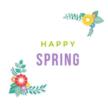 Happy Spring Text with Frame of Bouquet Flower Arrangement and Leaf Ornament Stock Illustration