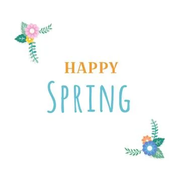 Happy Spring Text with Frame of Bouquet Flower Arrangement and Leaf Ornament Stock Illustration