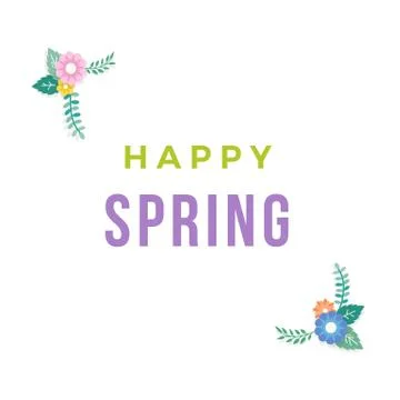 Happy Spring Text with Frame of Bouquet Flower Arrangement and Leaf Ornament Stock Illustration