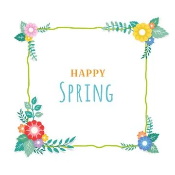 Happy Spring Text with Frame of Bouquet Flower Arrangement and Leaf Ornament Stock Illustration