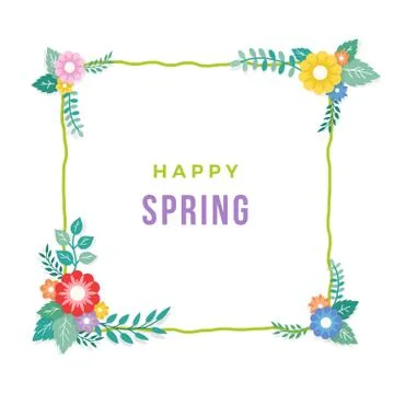 Happy Spring Text with Frame of Bouquet Flower Arrangement and Leaf Ornament Stock Illustration
