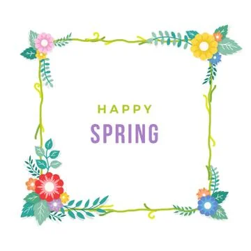 Happy Spring Text with Frame of Bouquet Flower Arrangement and Leaf Ornament Stock Illustration