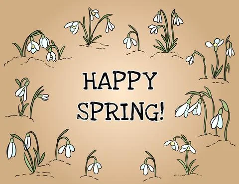Happy spring text in wreath of snowdrops ornament. Beginning of spring Stock Illustration