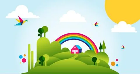 Happy spring time landscape illustration background Stock Illustration