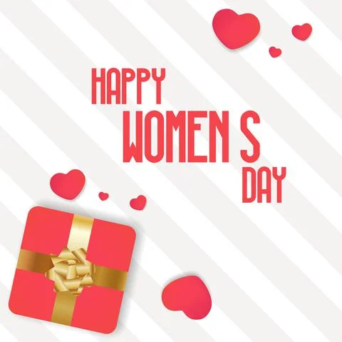 Happy Spring Women s Day, March 8. Gift box with a gold bow and hearts on the Stock Illustration