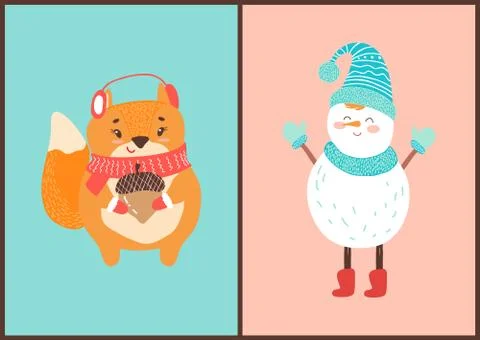 Happy Squirrel and Snowman Vector Illustration Stock Illustration
