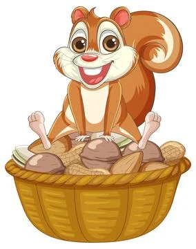 Happy Squirrel in Nut Basket Illustrazione stock